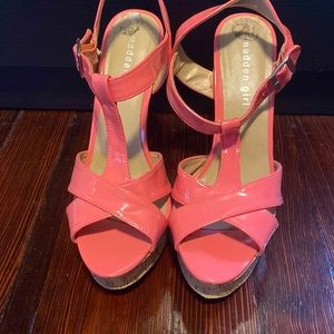 open toe, strappy pink heels